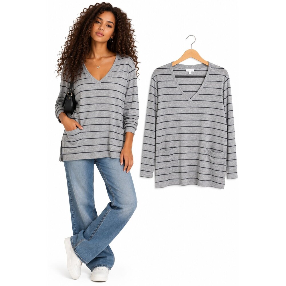 J. Jill V-Neck Striped Long Sleeve Pocket Tunic Top Size XL Gray Stripe